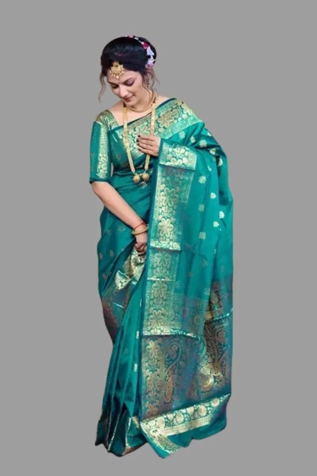 Jacquard Zari Woven Saree for Women (Teal, 6.3 m)