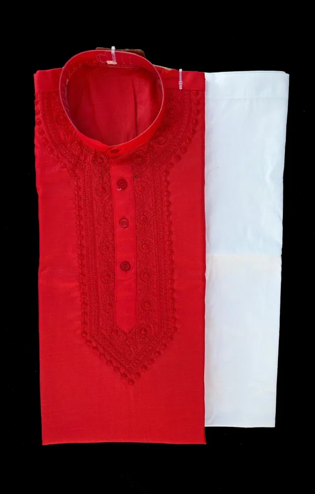 Cotton Embroidered Kurta with Pyjama for Men (Red & White, XXL)