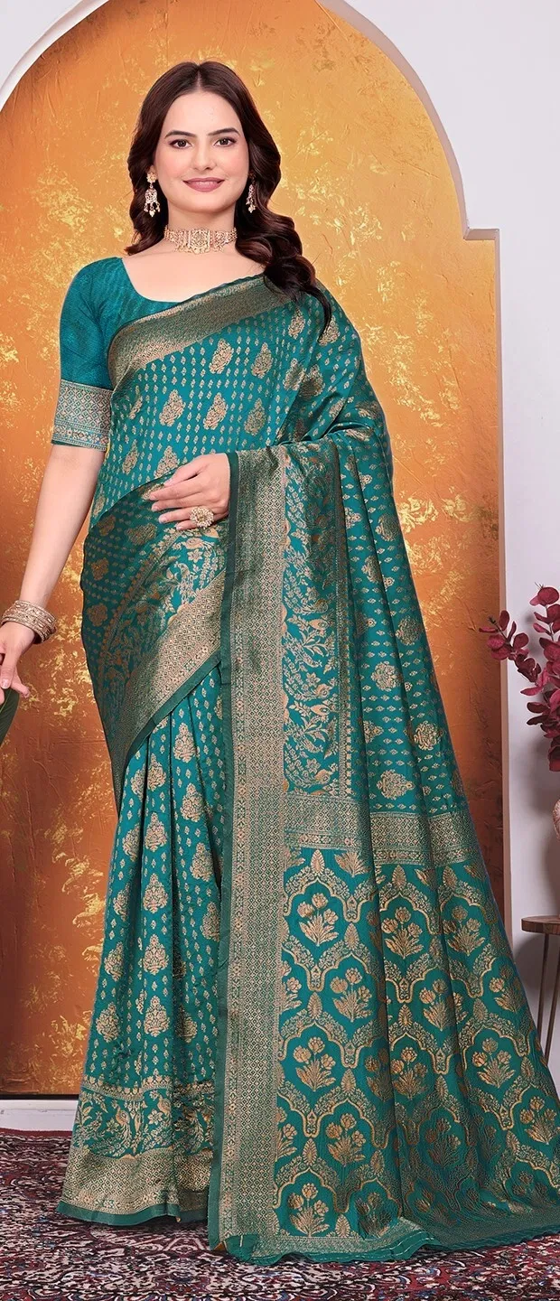 Banarasi Silk Embroidered Saree for Women (Teal, 6.3 m)