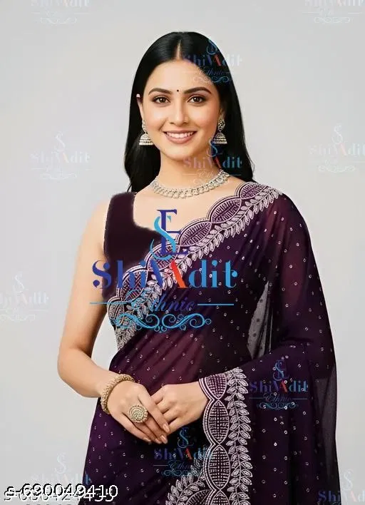 Georgette Zari Woven Saree For Women, Purple