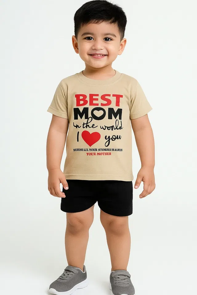 Solid Cotton Blend Top & Bottom Set for Boys (Beige, 1-2 YR)