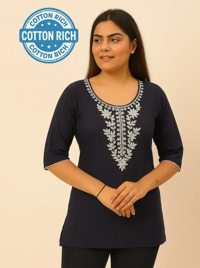 Cotton Embroidered Short Kurti for Women (Navy Blue, XL)