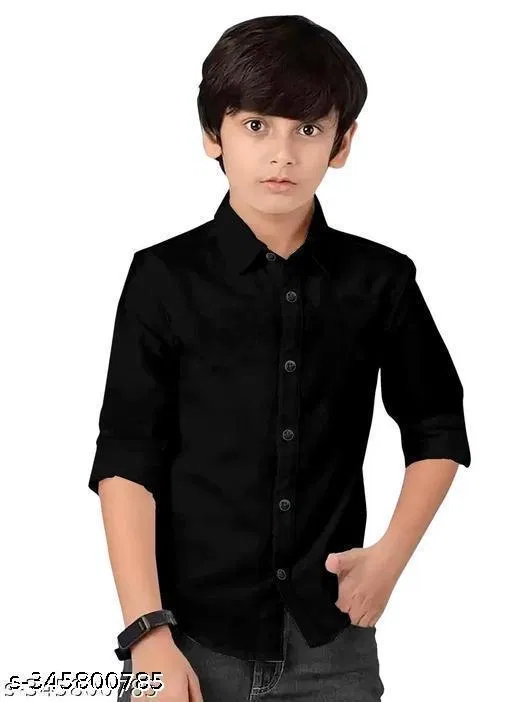 Solid Long Sleeve Spread Collar Shirt for Boys (Black, 8-9 Years)