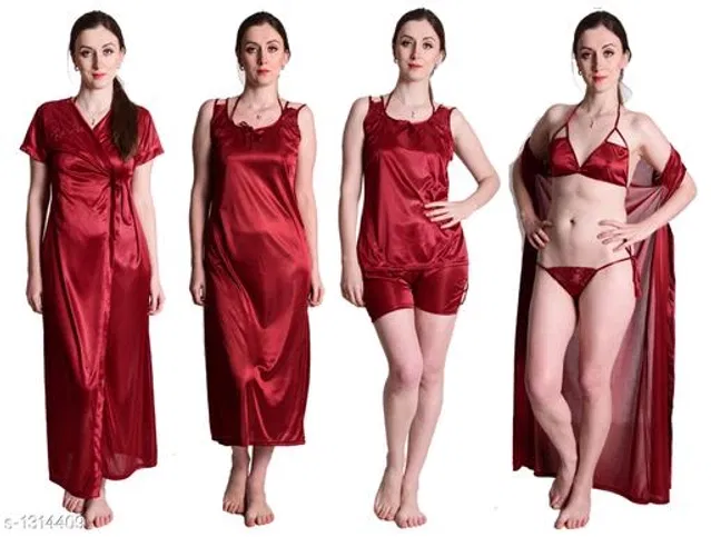 Satin Nightdress Set for Women (Red, L)