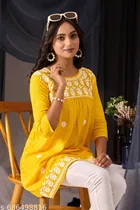 Chikankari Embroidered Floral Design Rayon Anarkali Short Kurti for Girls 