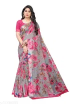 Linen Printed Saree for Women, Pink 