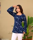 Cotton Printed Short Kurti for Women, Navy Blue 
