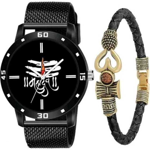  Casual PU Analog Watch With Bracelet Men (Pack Of 2, Black) (MP-406)