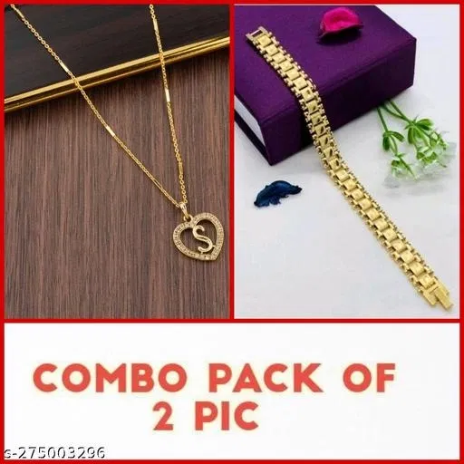 Alloy Pendant with Chain & Bracelet for Women (Multicolor, Set of 2)