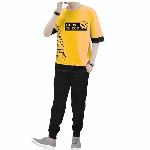 Cotton Blend Round Neck T-Shirts for Boys (Mustard & Black, 8-9 Years)