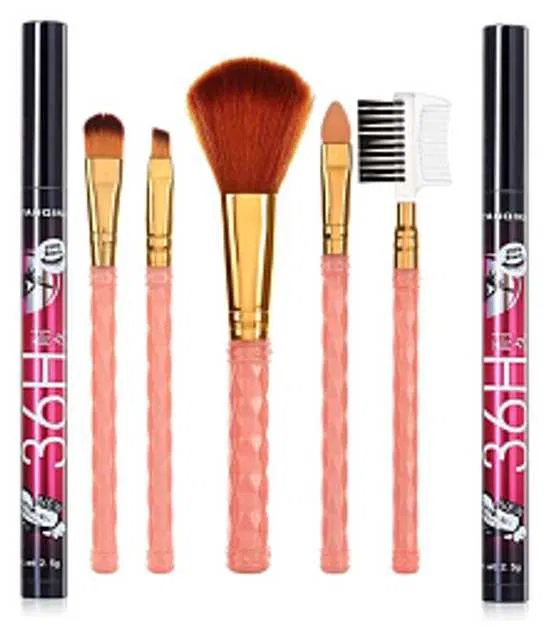 Lenon Makeup Accessory Makeup Brush (Set of 5) with 2 Pencil Eyeliner 36 Hrs Black (10 g) (D101)