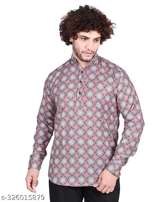 Cotton Blend Printed Short Kurta for Men, Multicolor (L)
