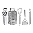 Oc9 Stainless Steel Lemon Squeezer & 4 in 1 Grater Or Slicer & Egg Whisk & Potato Masher & Roti Chimta Kitchen Tool Set 