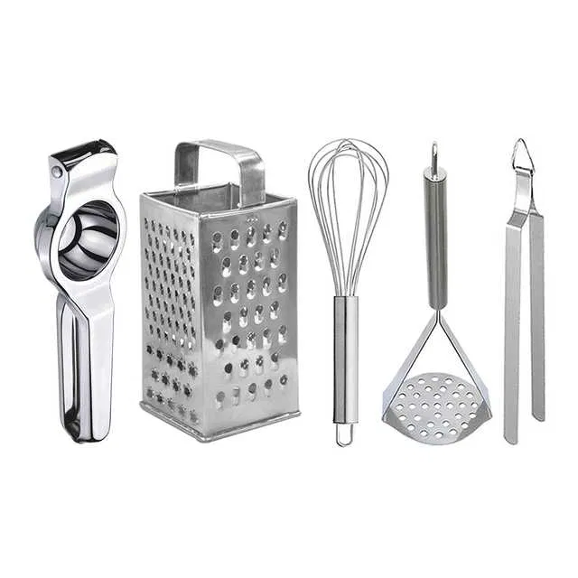 Oc9 Stainless Steel Lemon Squeezer & 4 in 1 Grater Or Slicer & Egg Whisk & Potato Masher & Roti Chimta Kitchen Tool Set (O-148)