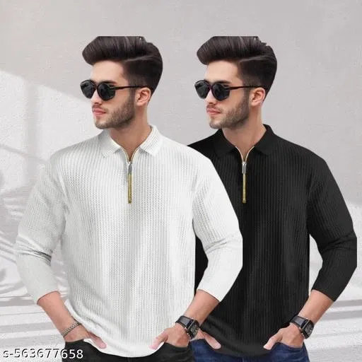 Cotton Blend T-shirt for Men, White & Black, Pack of 2 (L)