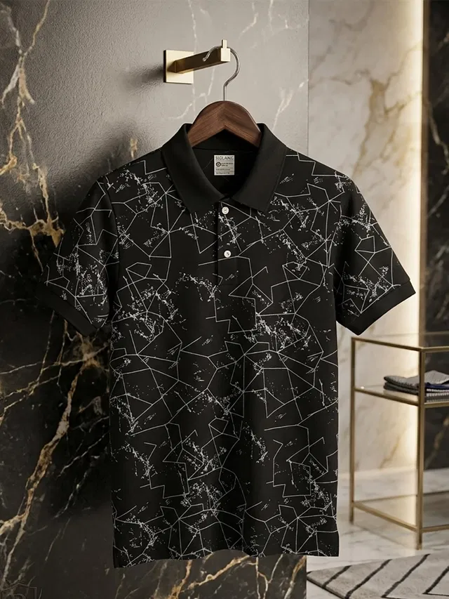 Printed Polo T-shirt for Men (Black, XXL)