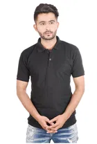 Poly Cotton Solid Polo Neck T-Shirt for Men, Black 
