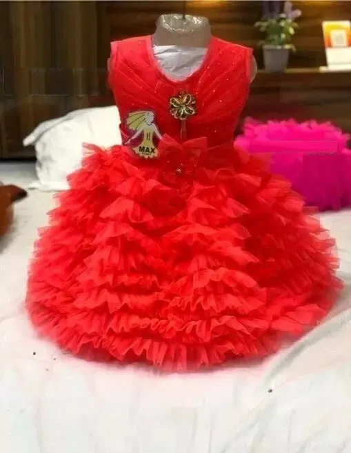 Cotton Blend Solid Frocks for Girls (Red, 9-12 Months)