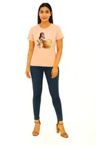 Cotton Blend Printed T-shirt for Women, Peach 