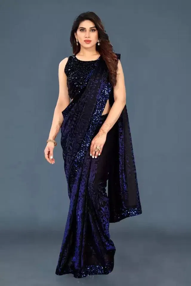Georgette Printed Saree for Women (Navy Blue, 6.3 m)
