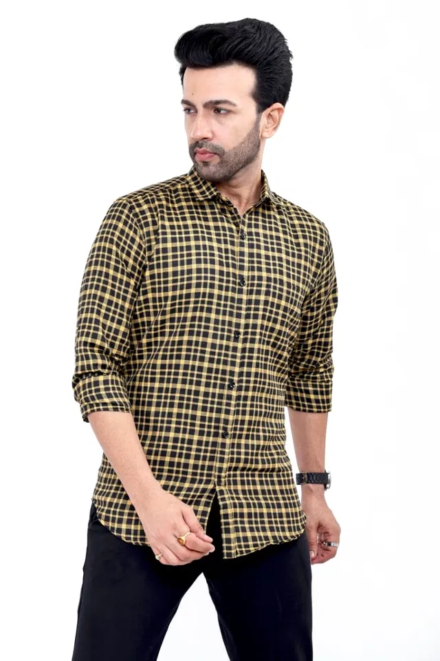 Cotton Blend Checked Shirt for Men, Yellow (XL)