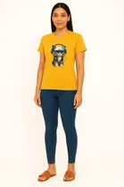Cotton Blend Printed T-shirt for Women, Mustard 