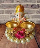 Metal Decorative Ganpati Haldi Kumkum Stand with 2 Roli Chawal Holder, Multicolor