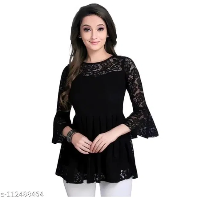 Three-Quarter Sleeves Top for Women (Black, M)