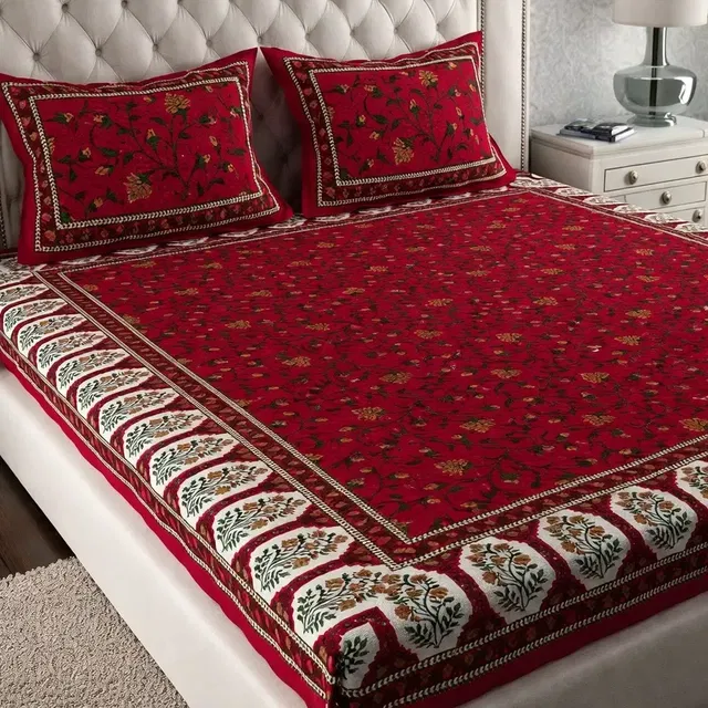 Jaipuri Cotton Double Bedsheet with 2 Pillow Covers | 80x90 Inch | Floral Red | Traditional Rajasthani Print