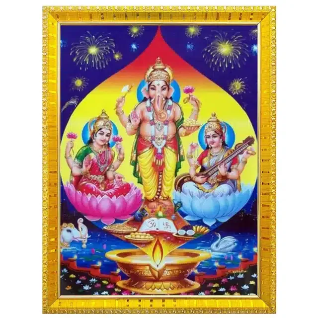 Laxmi, Ganesh & Saraswati Idols Wall Photo Frame (Multicolor, 5x7 Inches)