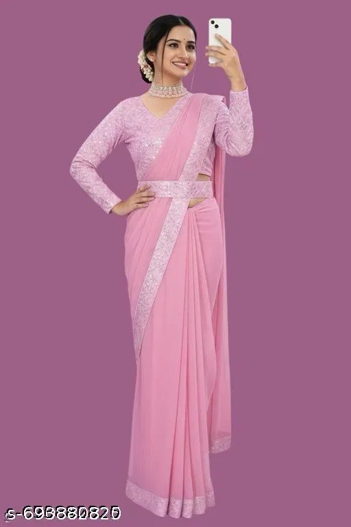 Georgette Solid Saree For Women, Pink