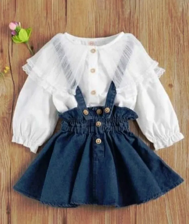 Denim Solid Clothing Set for Girls (White & Navy Blue, 18-24 Months)