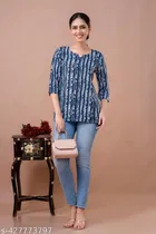 Cotton Printed Short Kurti for Women, Blue 
