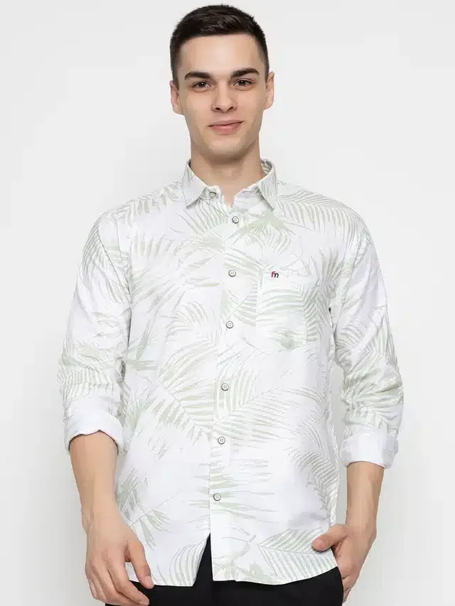 Cotton Printed Shirt for Men (White & Green, M)