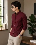 Cotton Blend Solid Shirt for Men, Maroon 