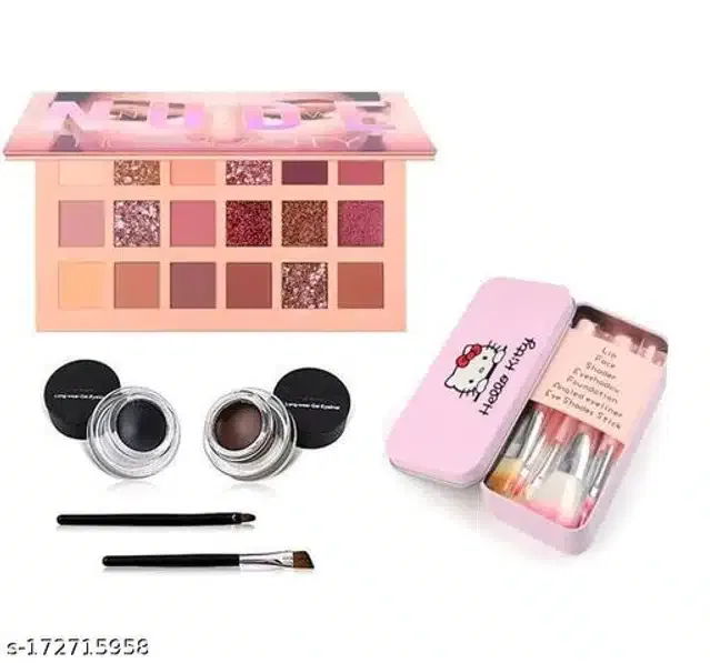 Premium Eyeshadow Palette with 7 Pcs Makeup Brushes & 2 Pcs Gel Eyeliner with 2 Pcs Brushes (Multicolor, Set of 4)
