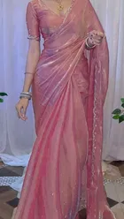 Organza Embellished Saree For Women, Pink