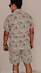 Rayon Printed Top & Bottom Set for Men, Beige 