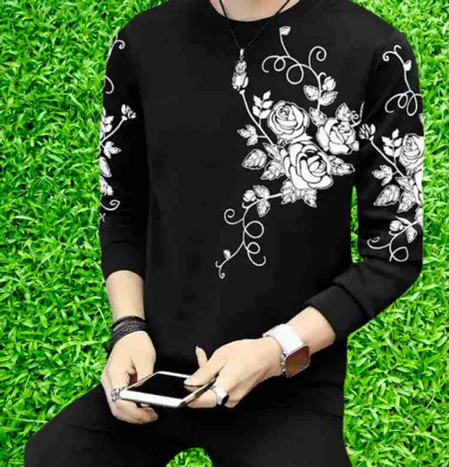 Full Sleeves Round Neck Printed T-Shirt for Men (Black, L)