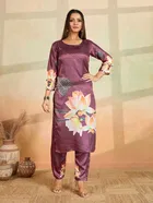 Cotton Blend Printed Kurti With Pant & Dupatta for Women, Purple 