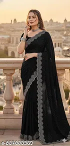 Poly Georgette Solid Saree For Women, Black
