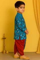 Cotton Printed Kurta with Dhoti for Boys, Blue & Red 
