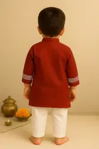 Dupion Silk Printed Kurta with Payjama for Boys, Maroon & White 