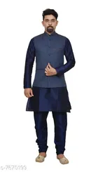 Dupion Silk Solid Kurta with Pyjama & Jacket for Men (Navy Blue, S)