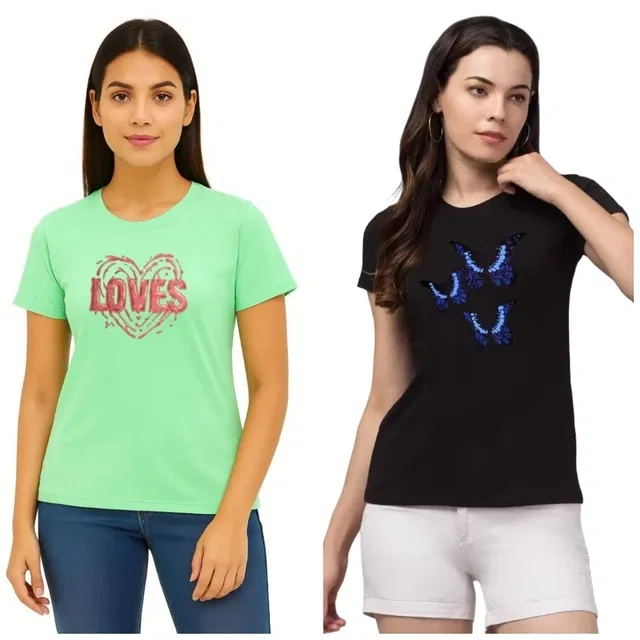 Cotton Blend T-shirt for Women, Green & Black, Pack of 2 (M)