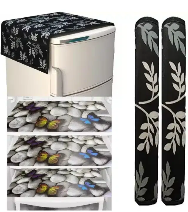 Knit Printed Fridge 3 Pcs Mat with 2 Pcs Handle & Top Cover (Multicolor, Set of 1)