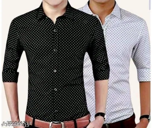 Cotton Blend Printed Shirts for Men, Black & White, Pack of 2 (M)