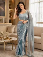 Bollywood Grey Satin Solid Lace Border Saree for Women
