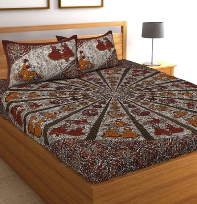 Jaipuri Cotton Double Bedsheet with 2 Pillow Covers | 80x90 Inch | Rajasthani Dandiya | Traditional Rajasthani Print