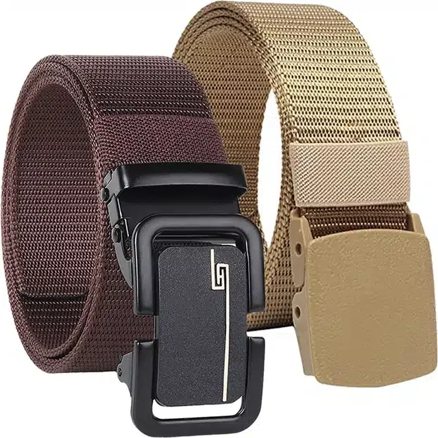 Casual Nylon Belt for Men (Brown & Cream, Pack of 2)